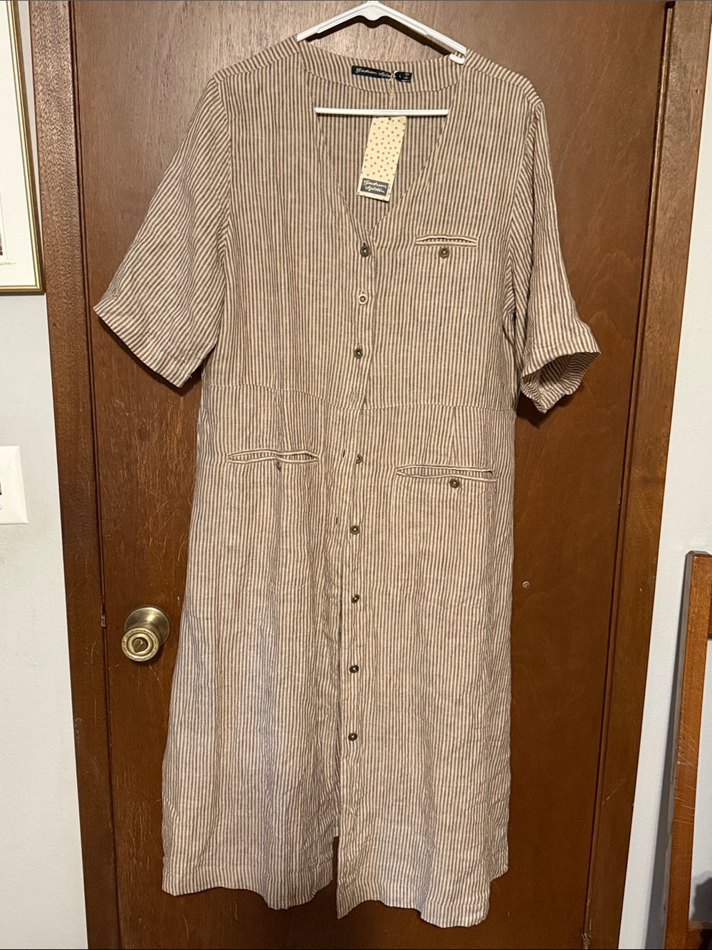 NWT Gudrun Sjoden Linen Button Down Dress Duster Tan Stripe Women’s large